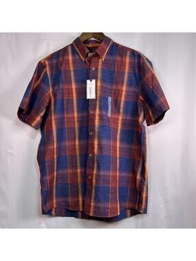 ROWM Shirt Large NWT Dark Red Plaid Button Up Short Sleeve Cotton Blend Casual